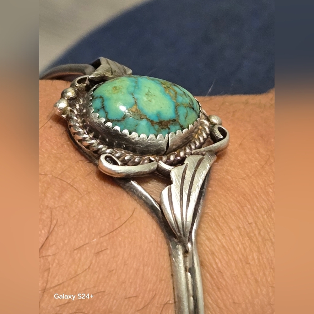 Vintage Signed RJ Native American Sterling Silver & Turquoise Cuff Bracelet